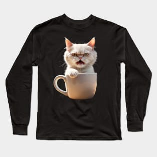 Funny Cat In Coffee Mug Crazy Mad Angry Cat Long Sleeve T-Shirt